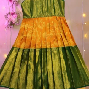 Silk kids frock green and mango yellow with zari woven brocade weaves and long zari woven border for 0-1 years