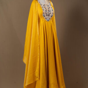 Golden Mustard Flared Gown with Handcrafted Embellished Yoke - [Cloned #12272]