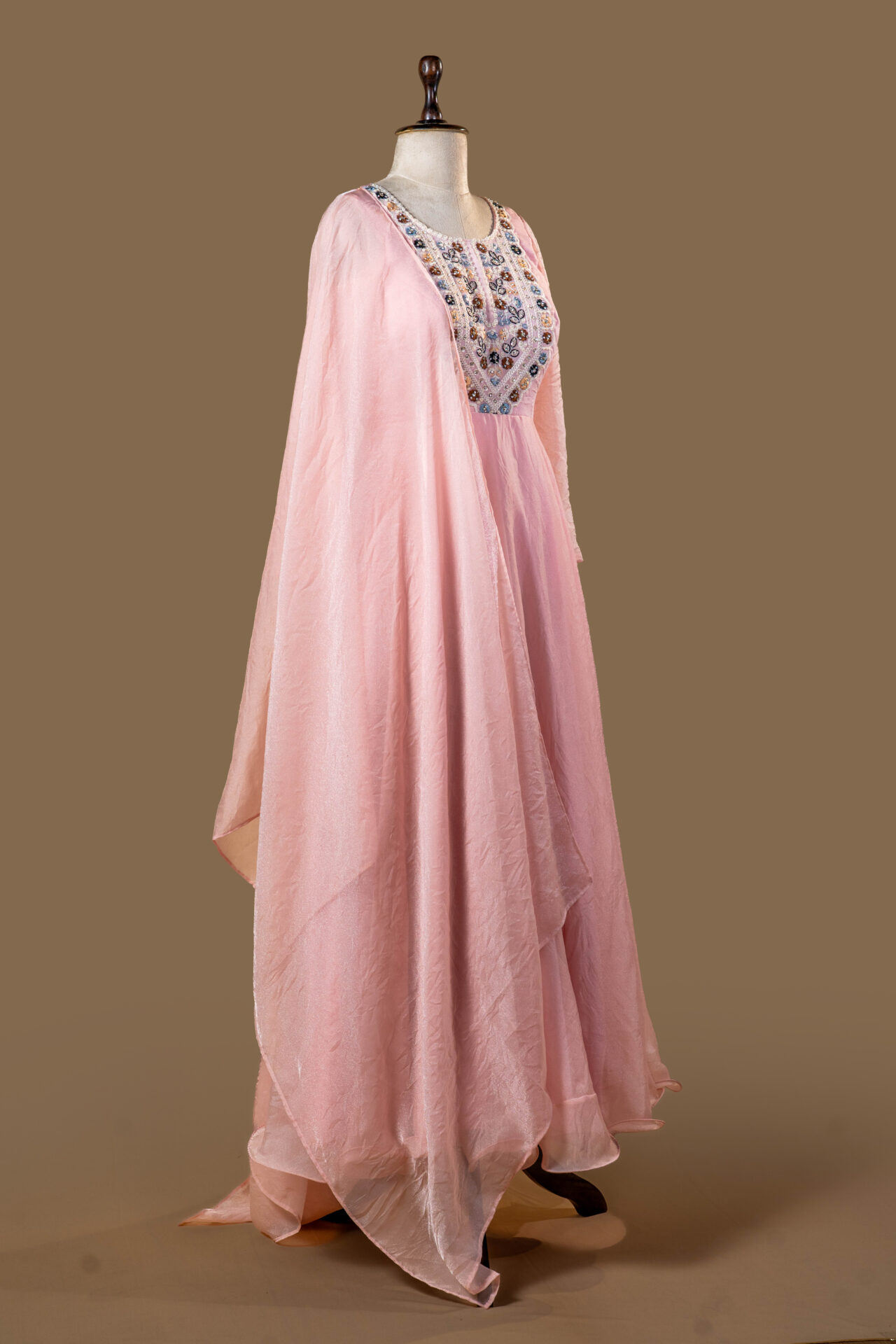 Blush Pink Layered Anarkali Gown with Patch Work Yoke - Image 2