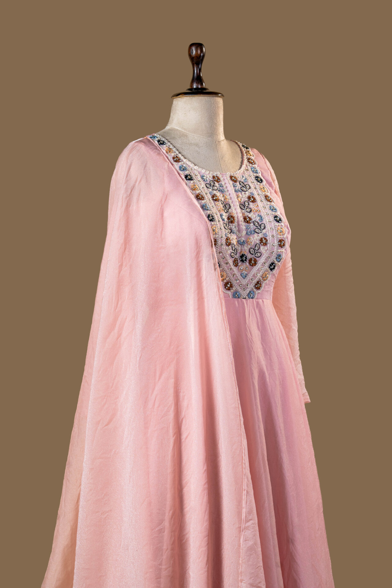 Blush Pink Layered Anarkali Gown with Patch Work Yoke - Image 3