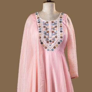 Blush Pink Layered Anarkali Gown with Patch Work Yoke