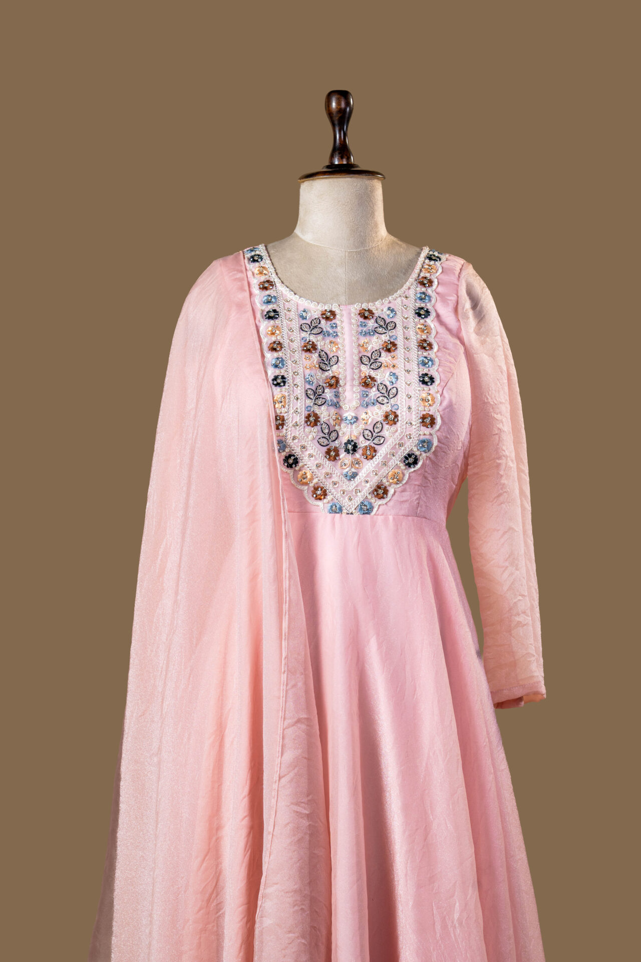 Blush Pink Layered Anarkali Gown with Patch Work Yoke