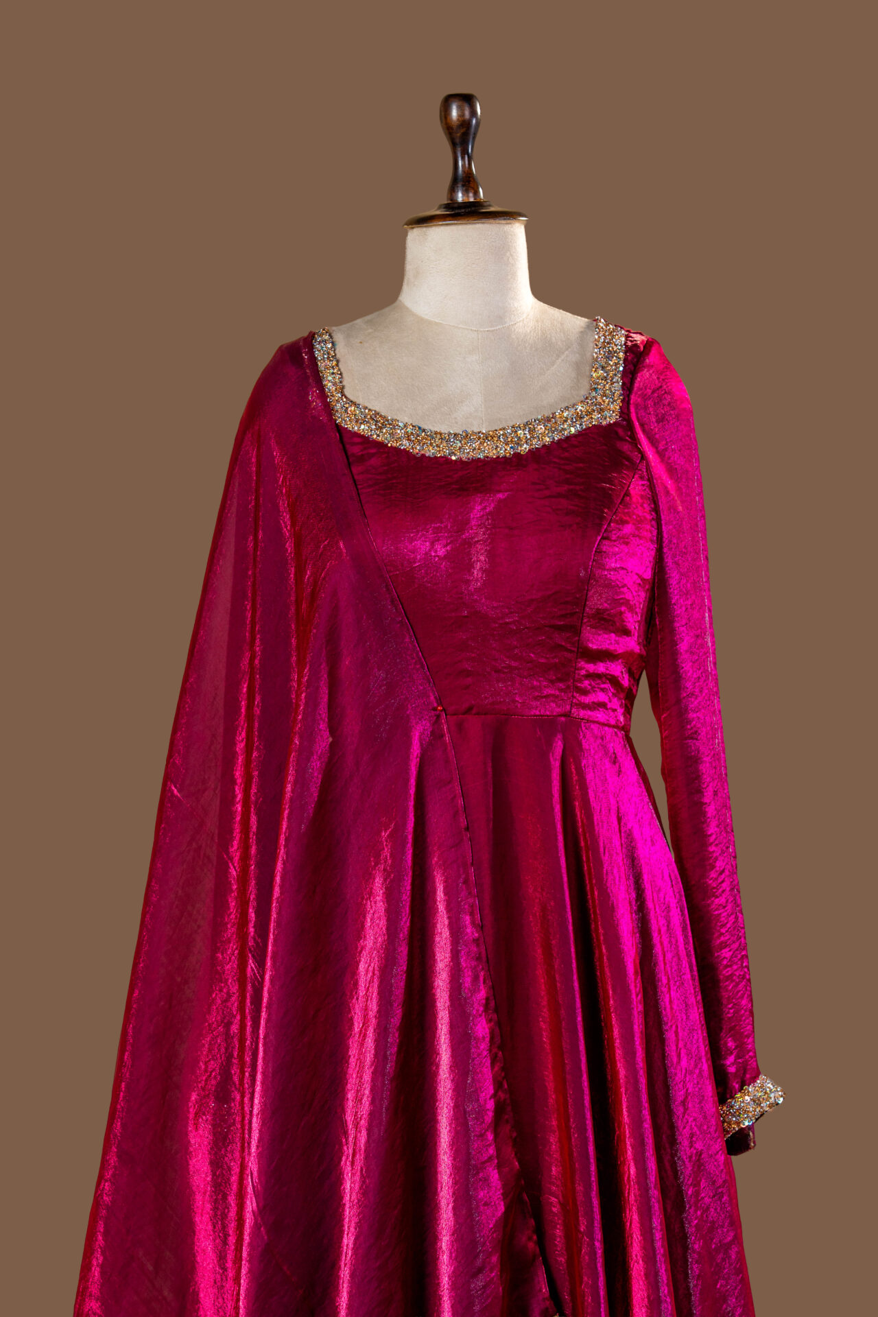 Magenta Wine Layered Anarkali Gown with Dupatta - Image 3