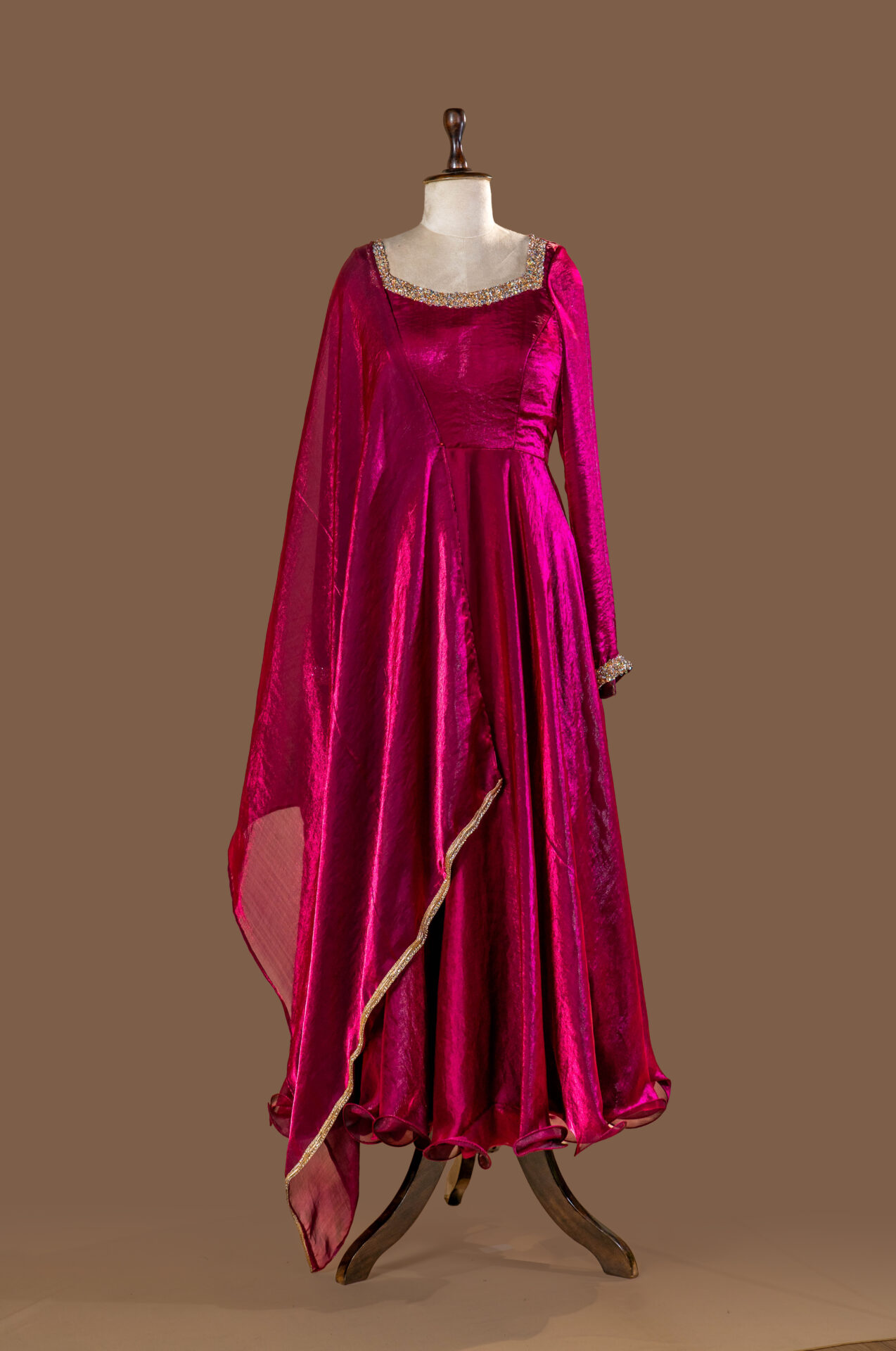 Magenta Wine Layered Anarkali Gown with Dupatta