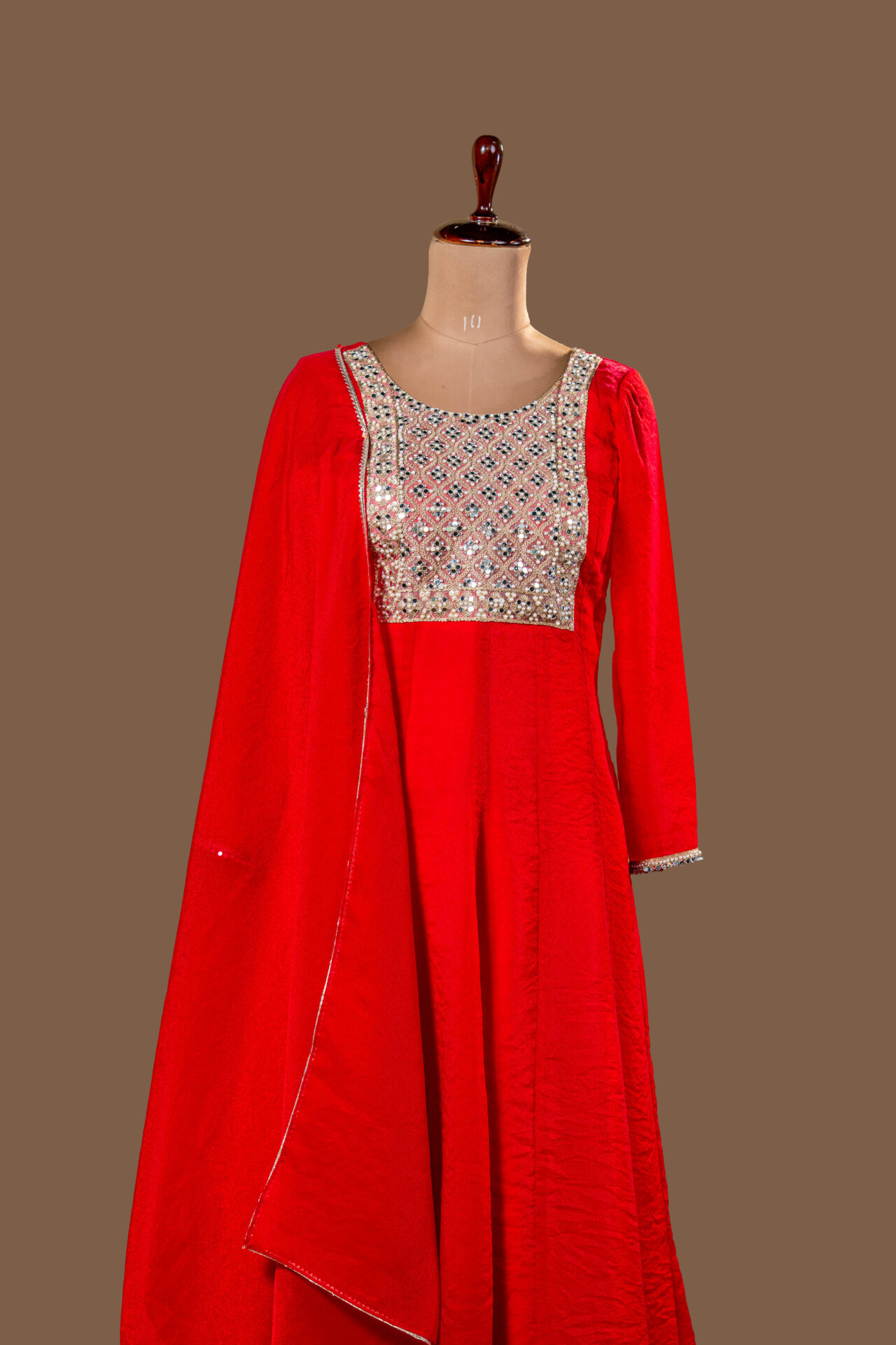 Red Velvet/Silk Kurta with Shisha (Mirror) Work Yoke. - Image 2