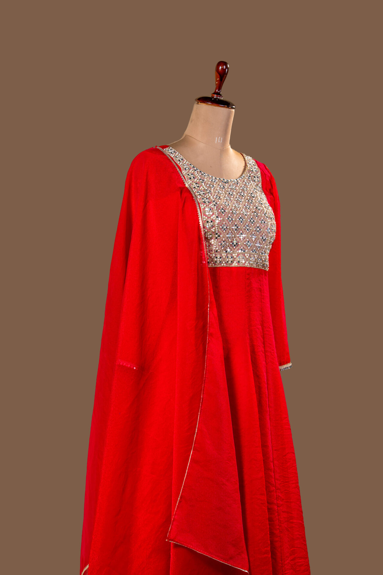 Red Velvet/Silk Kurta with Shisha (Mirror) Work Yoke. - Image 3
