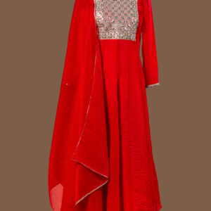 Red Velvet/Silk Kurta with Shisha (Mirror) Work Yoke.