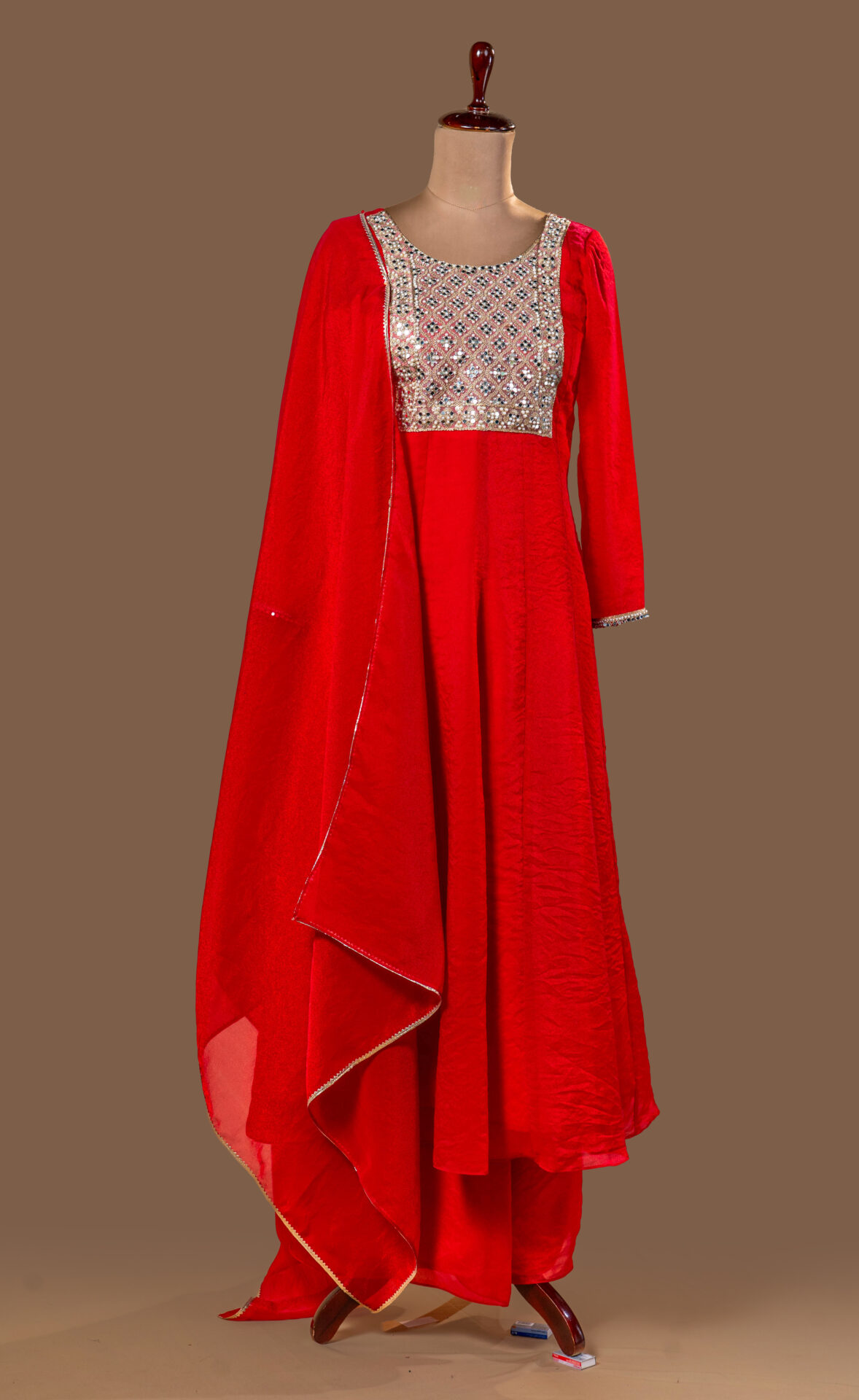 Red Velvet/Silk Kurta with Shisha (Mirror) Work Yoke.