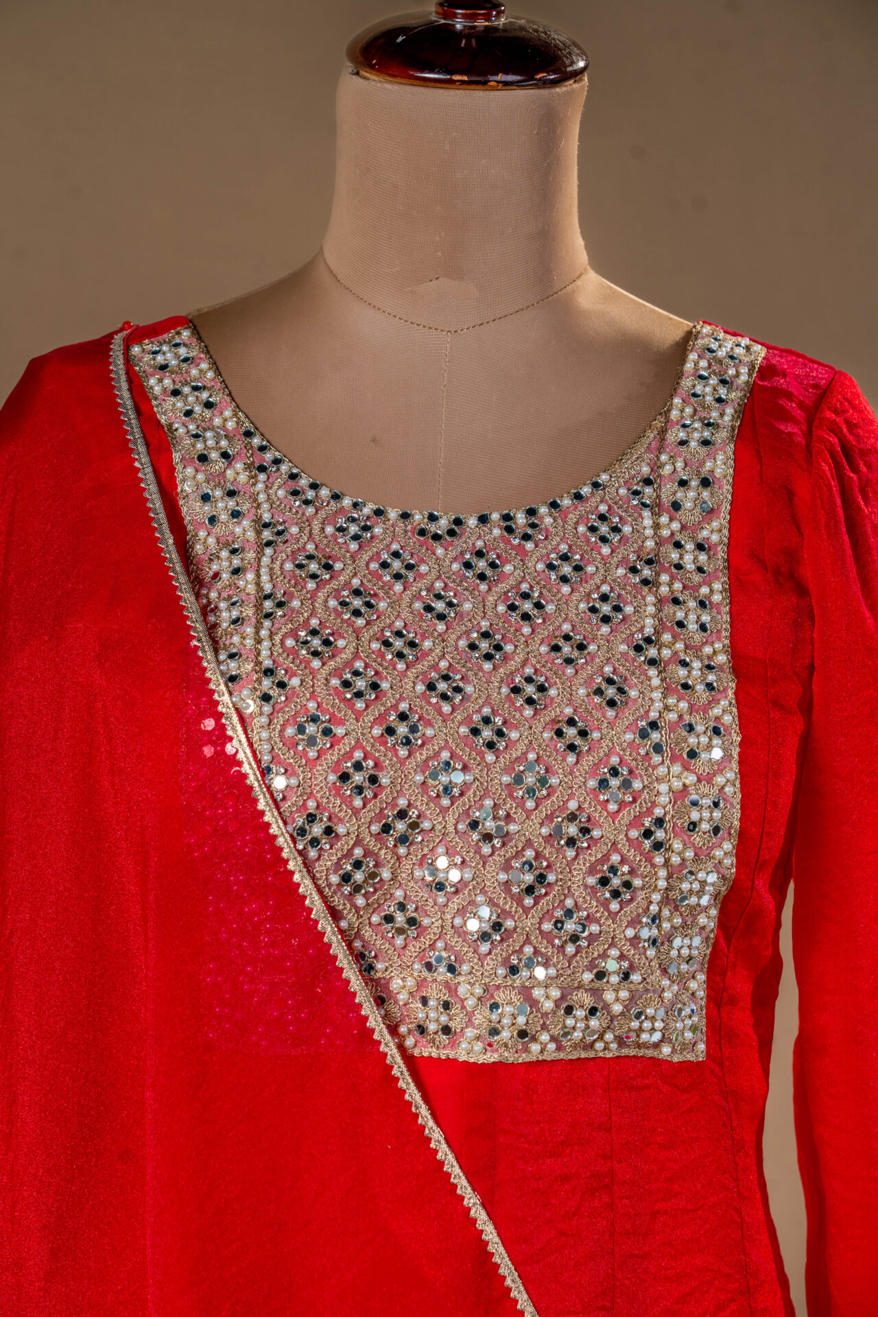 Red Velvet/Silk Kurta with Shisha (Mirror) Work Yoke. - Image 4