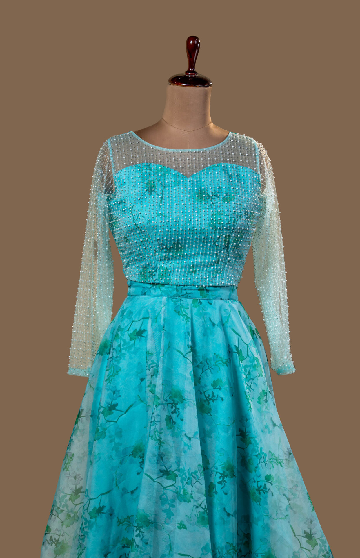 Aqua Floral Lehenga with Pearl-Embellished Blouse - Image 3