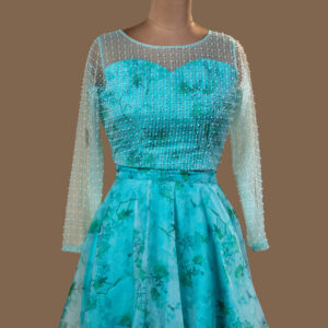 Aqua Floral Lehenga with Pearl-Embellished Blouse