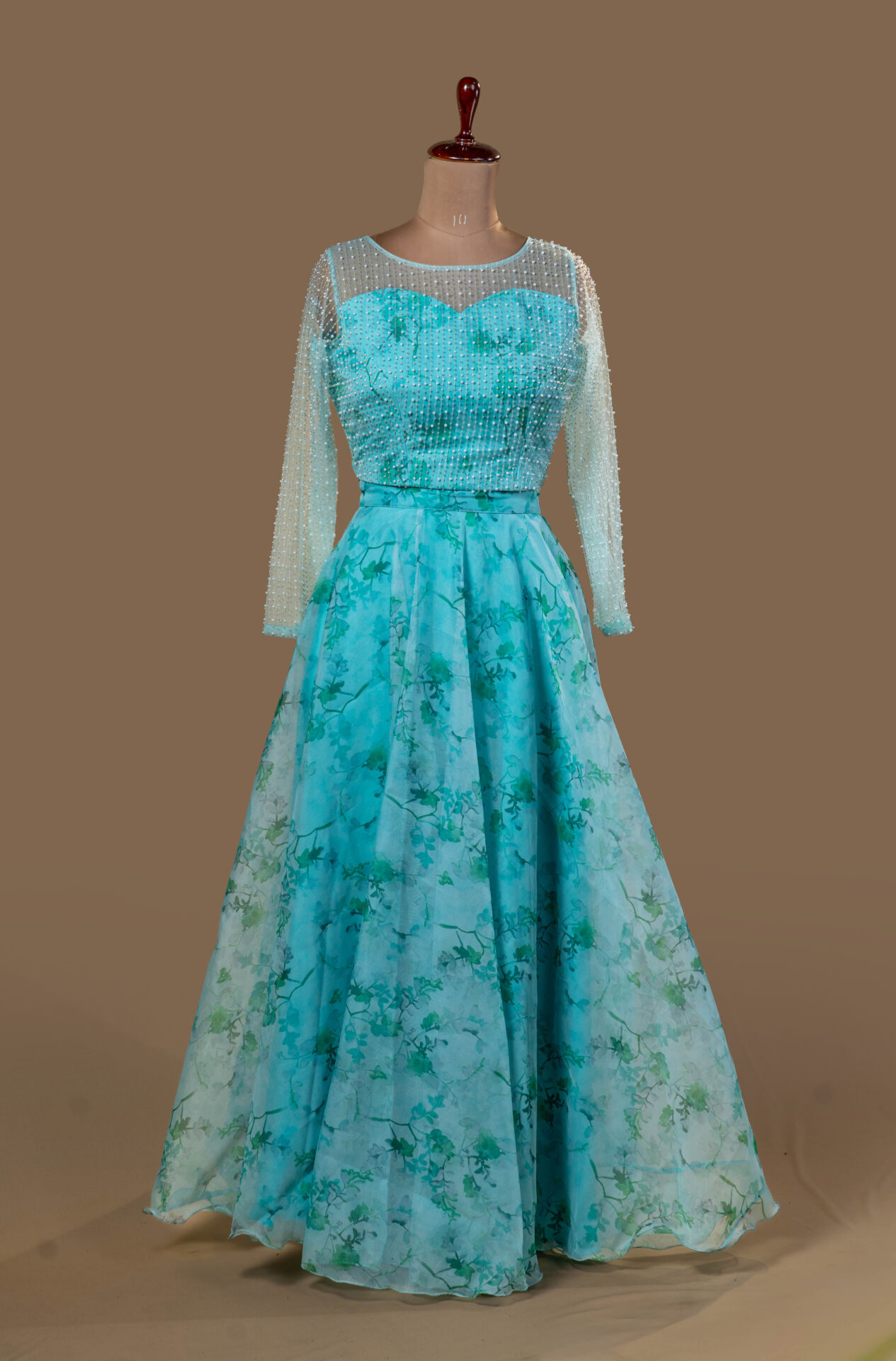 Aqua Floral Lehenga with Pearl-Embellished Blouse - Image 2