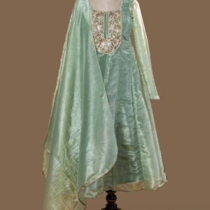 Pista Green Anarkali Set with Heavy Zari Yoke and Crinkled Organza Dupatta