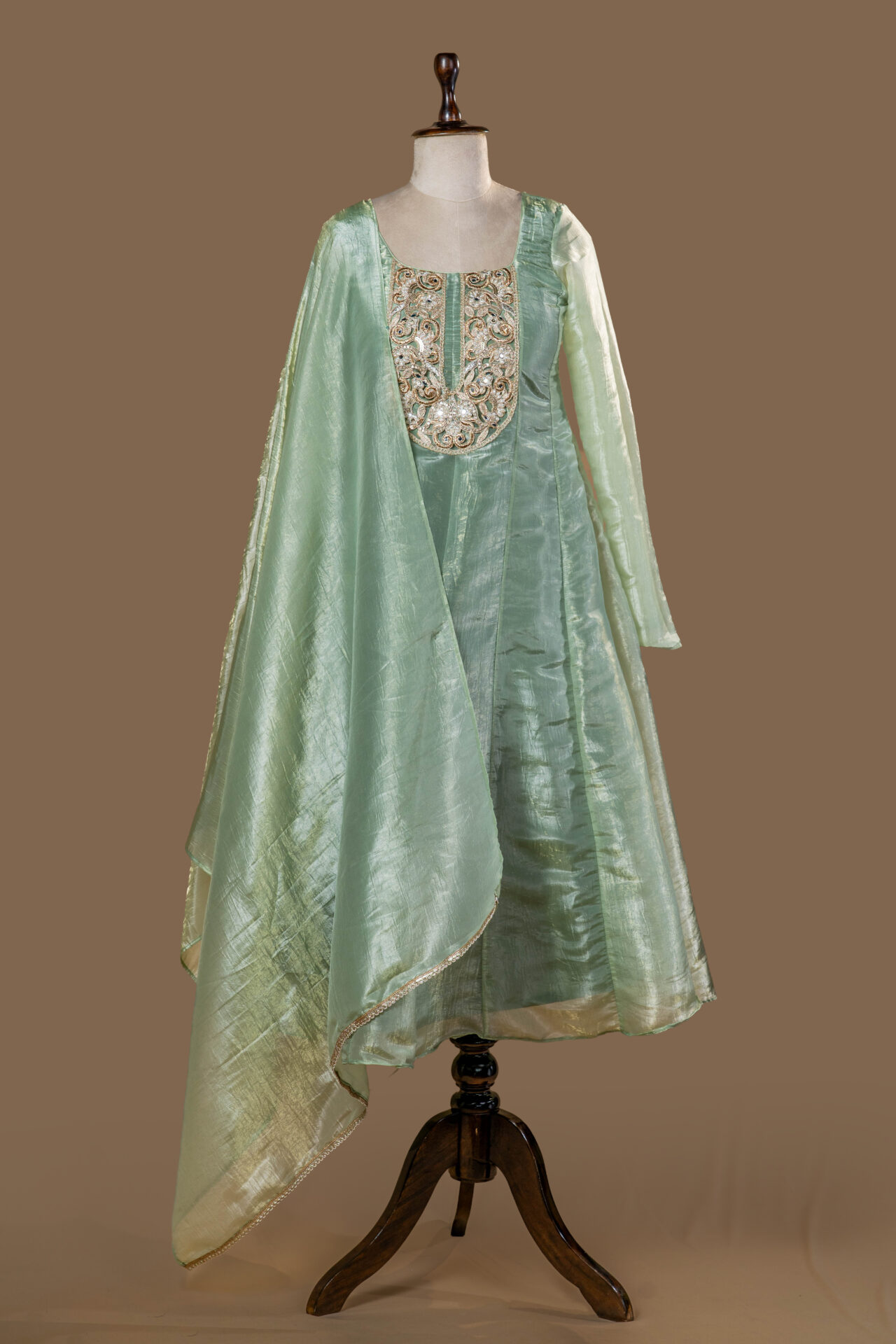 Pista Green Anarkali Set with Heavy Zari Yoke and Crinkled Organza Dupatta