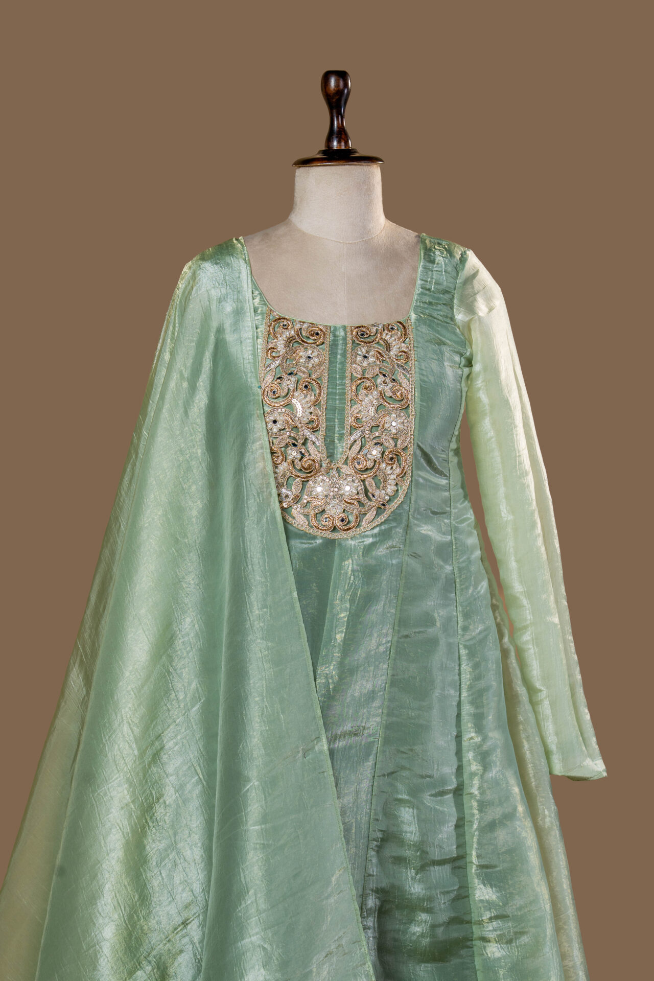 Pista Green Anarkali Set with Heavy Zari Yoke and Crinkled Organza Dupatta - Image 4