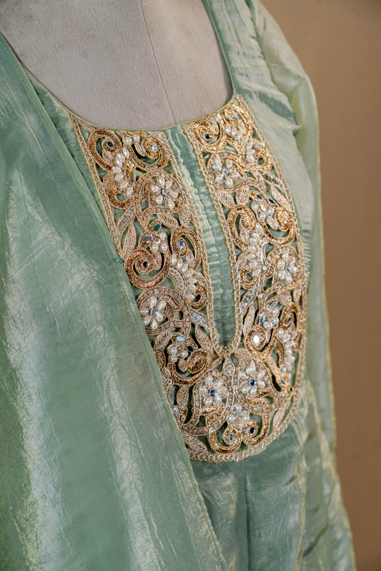 Pista Green Anarkali Set with Heavy Zari Yoke and Crinkled Organza Dupatta - Image 3