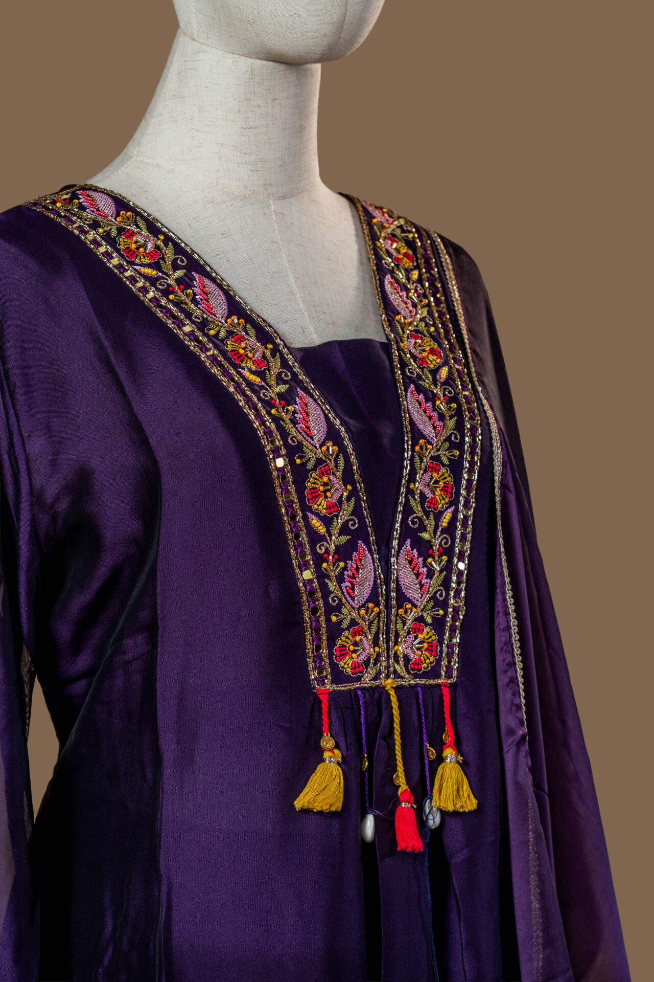 Deep Purple Kurta with Intricate Floral Embroidery - Image 4