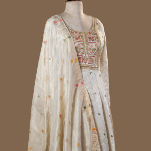 Off-White Festive Ensemble with Embroidered Yoke.