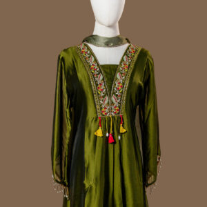 Olive Green Silk Tunic with Floral Embroidered Yoke.