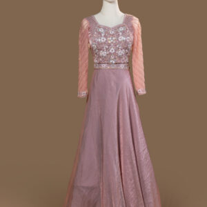 Soft Rose Pink Gown with White Floral Embroidery.