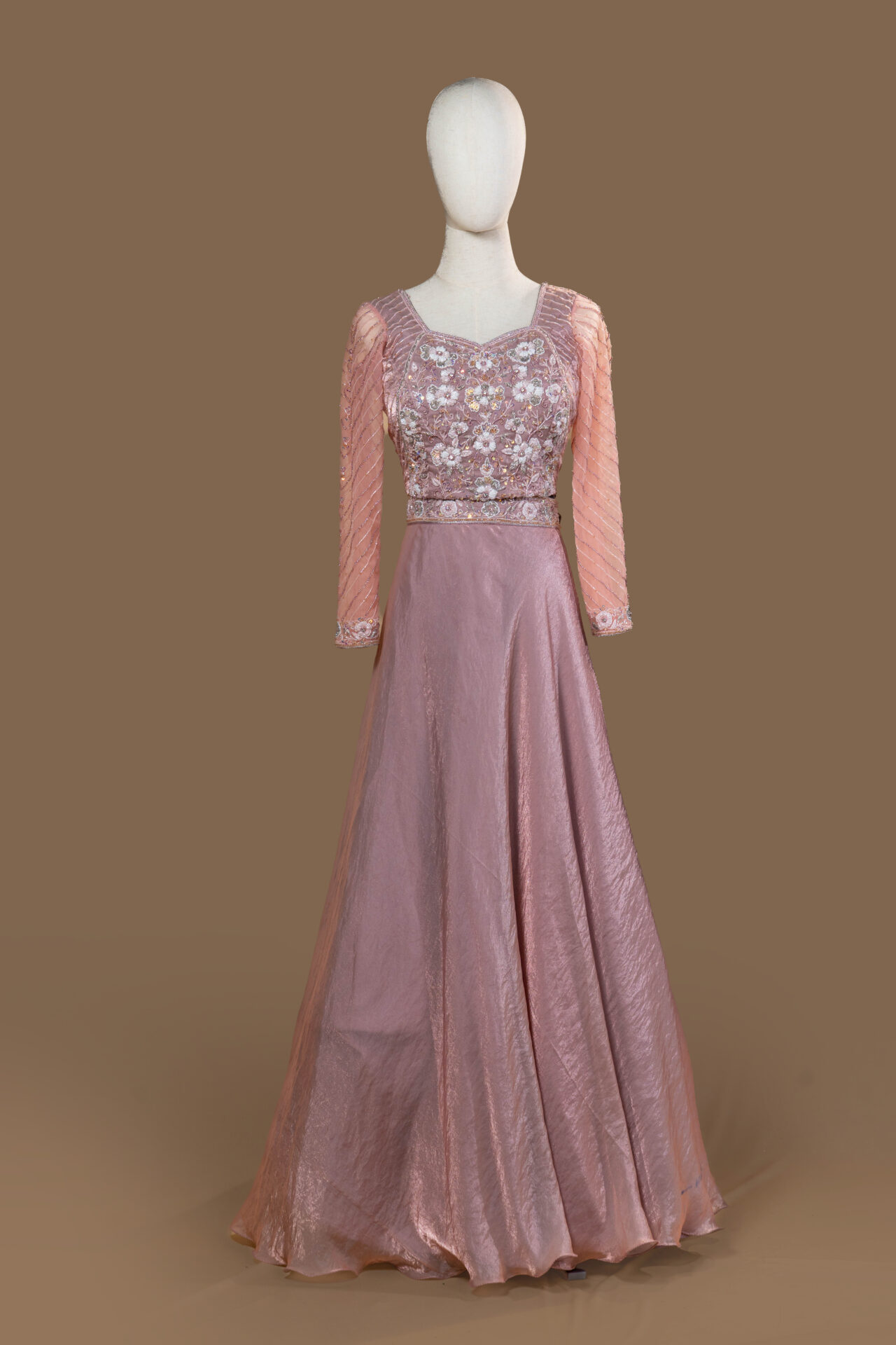 Soft Rose Pink Gown with White Floral Embroidery.