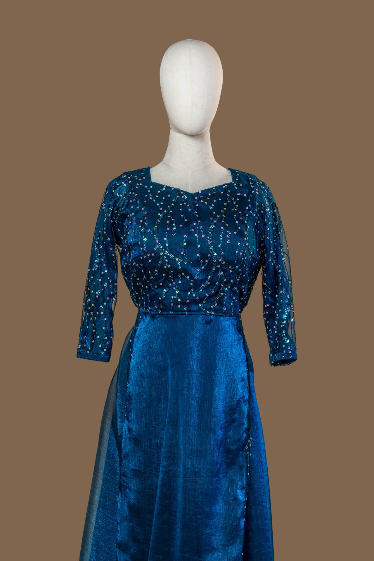 Shimmering Teal Blue Gown with Sequined Bodice - Image 2