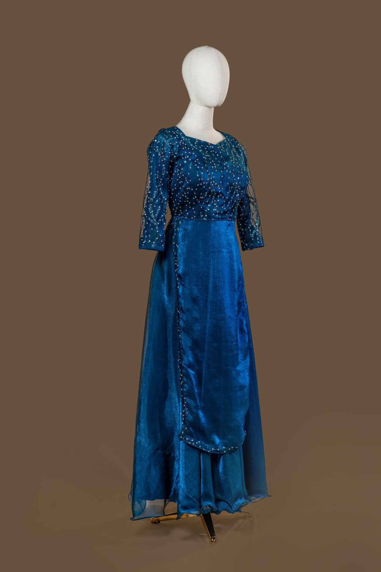 Shimmering Teal Blue Gown with Sequined Bodice