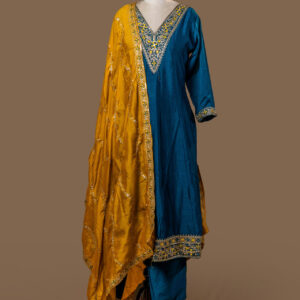 Peacock Blue Dress with Floral Gilded Embroidery