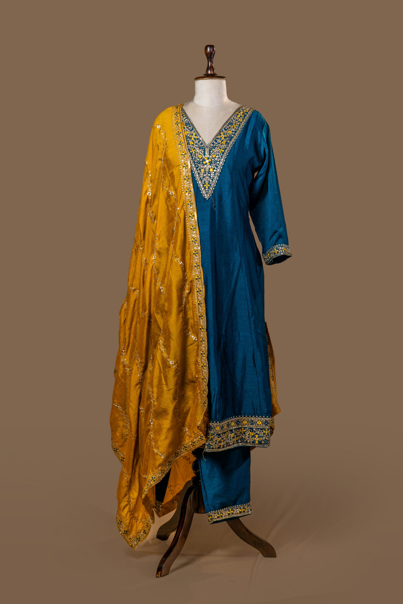 Peacock Blue Dress with Floral Gilded Embroidery