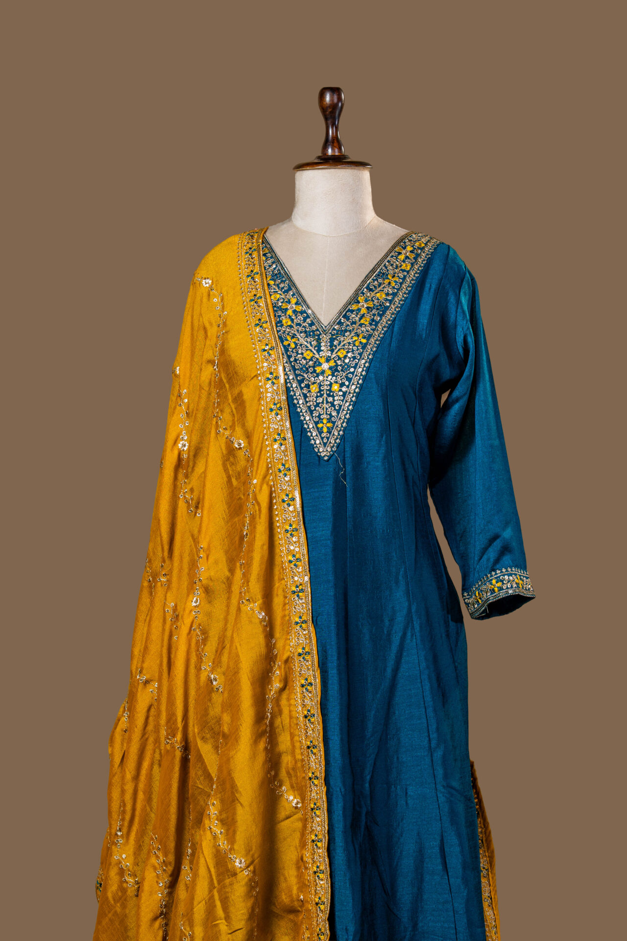 Peacock Blue Dress with Floral Gilded Embroidery - Image 4