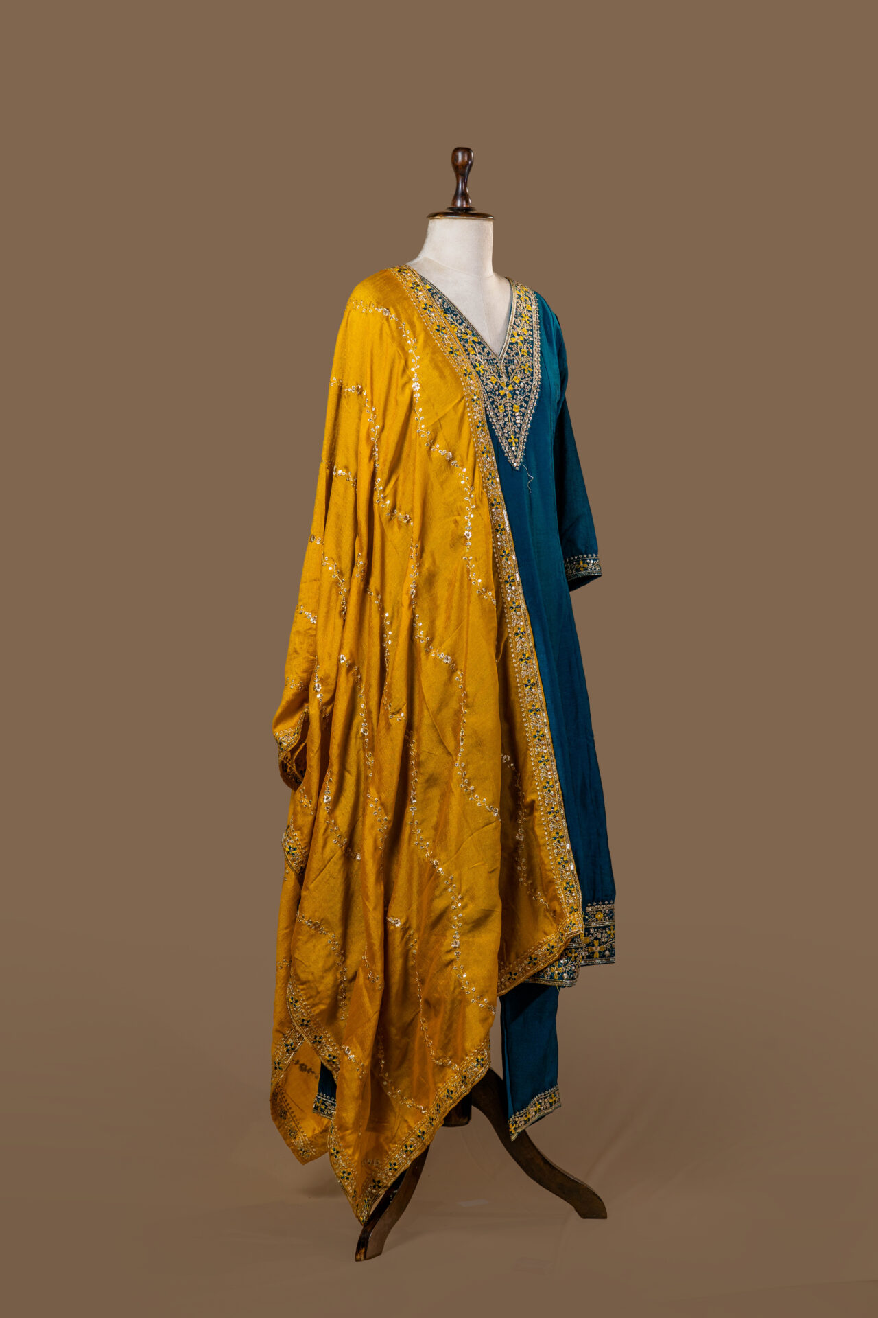 Peacock Blue Dress with Floral Gilded Embroidery - Image 3
