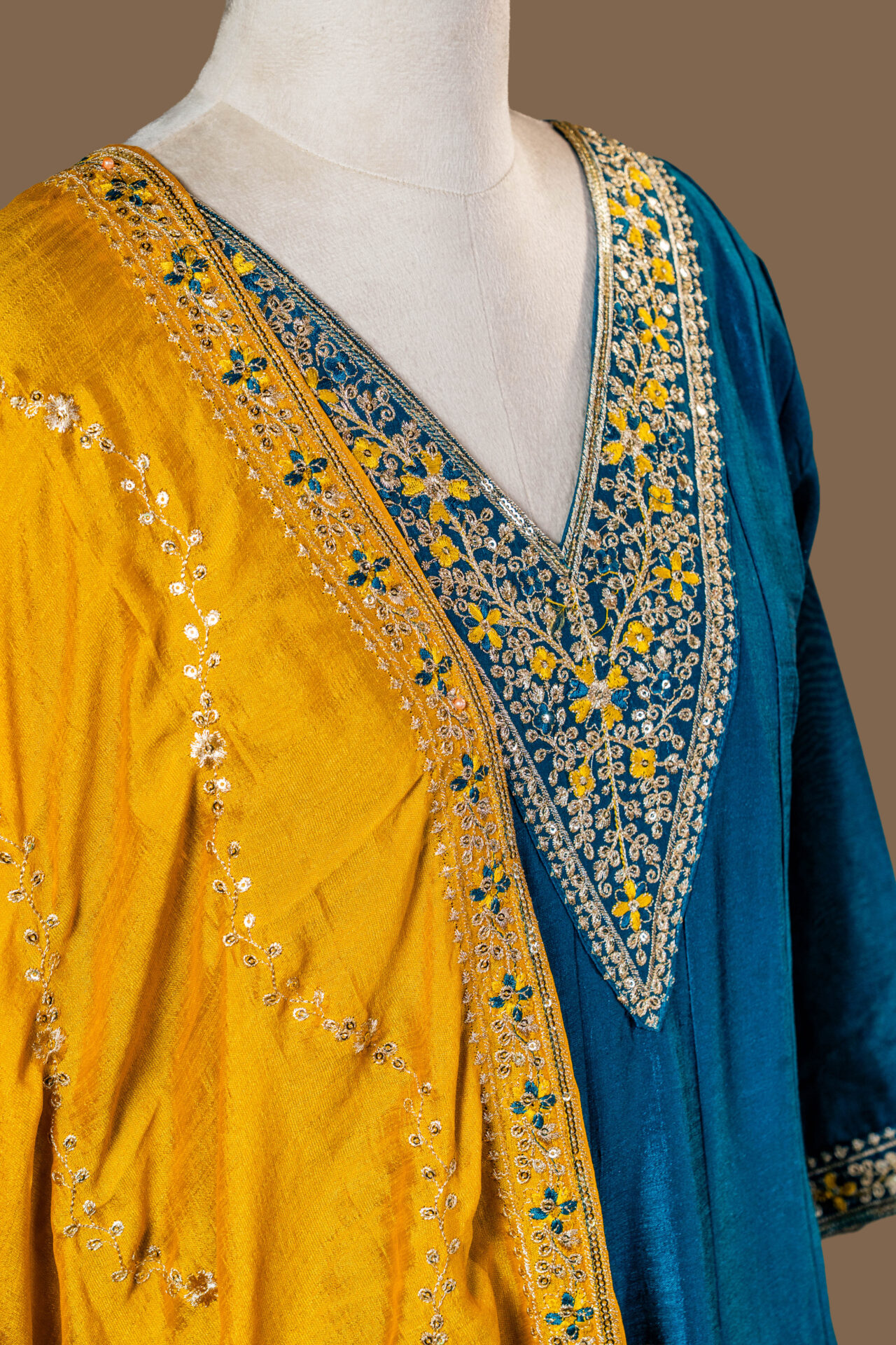 Peacock Blue Dress with Floral Gilded Embroidery - Image 2