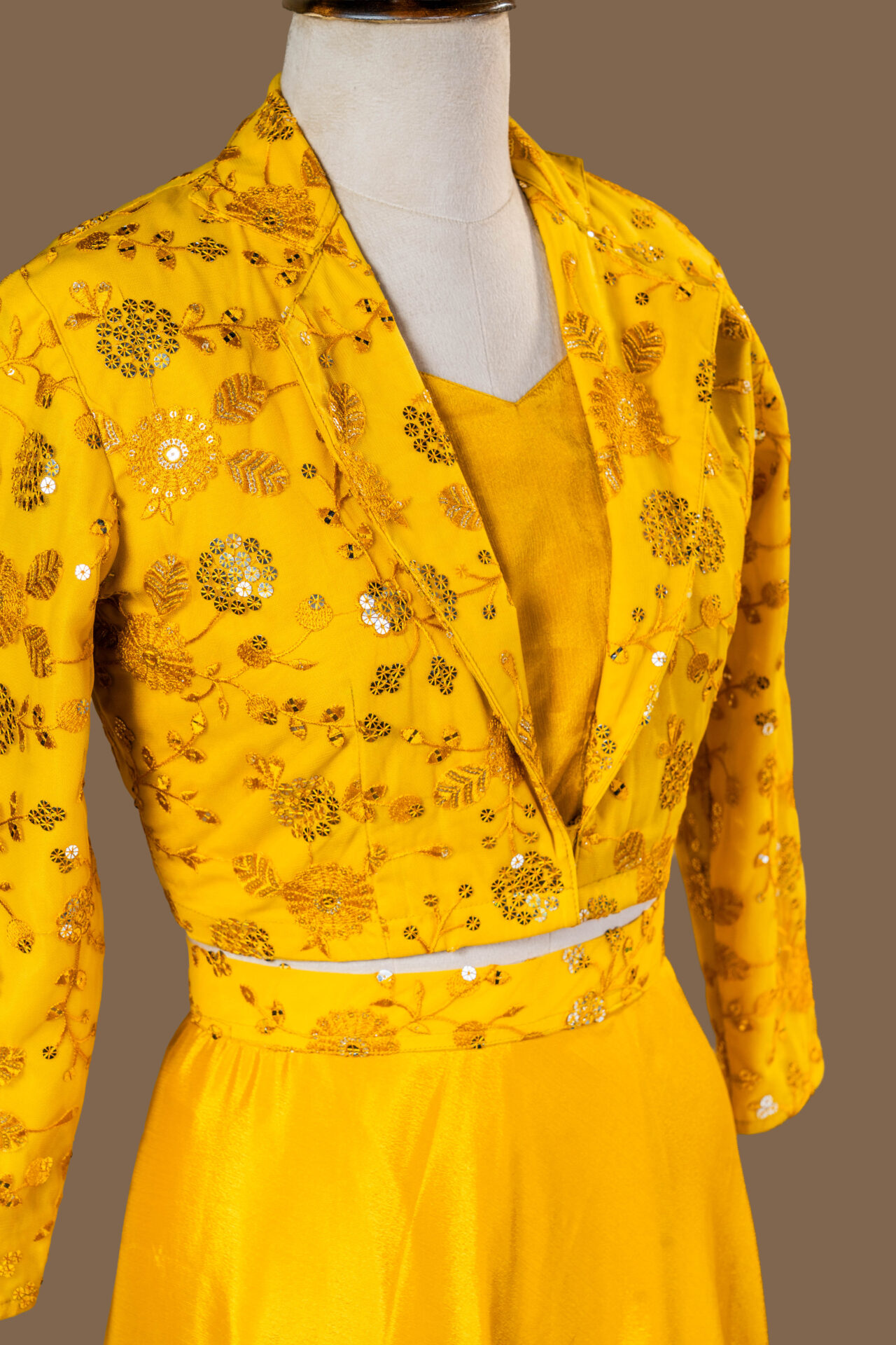 Designer Yellow Lehenga/Skirt Set with Embellished Jacket - Image 3