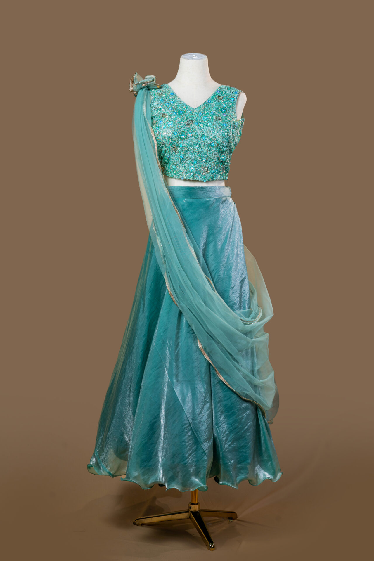 Aqua Blue Embroidered Crop Top and Skirt Set - Image 4