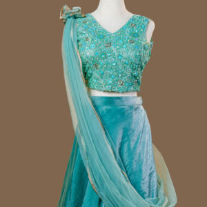 Aqua Blue Embroidered Crop Top and Skirt Set