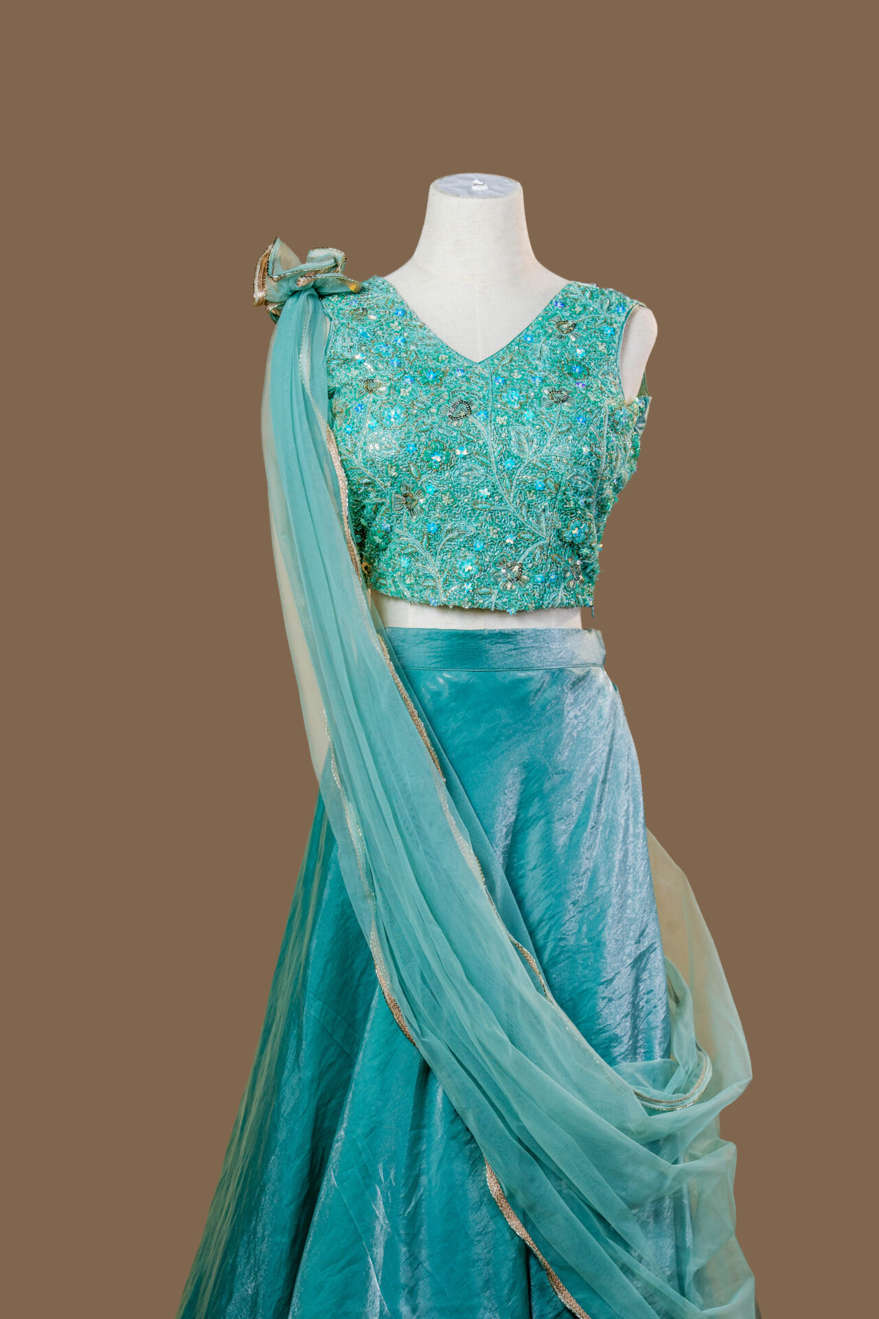 Aqua Blue Embroidered Crop Top and Skirt Set