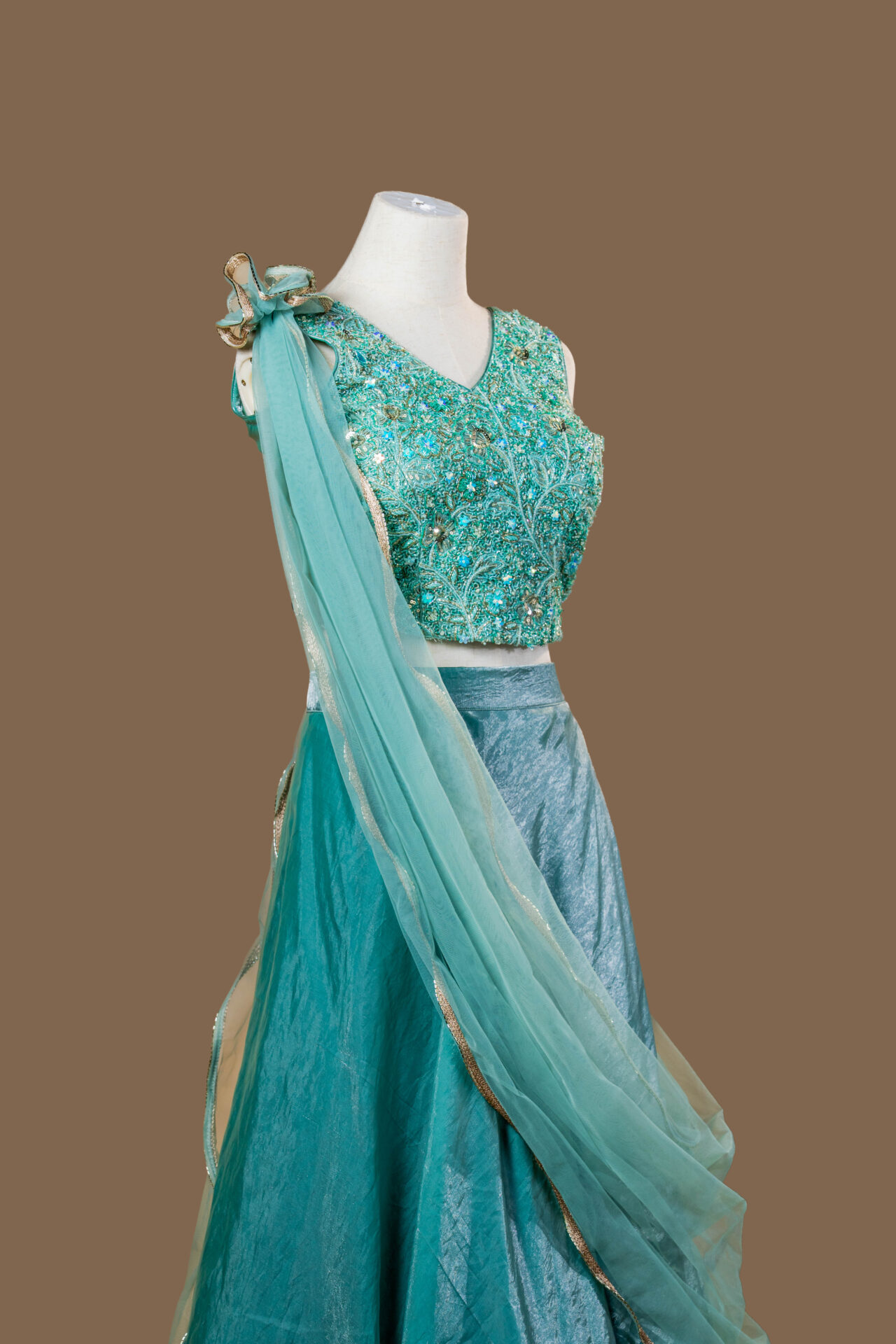 Aqua Blue Embroidered Crop Top and Skirt Set - Image 3