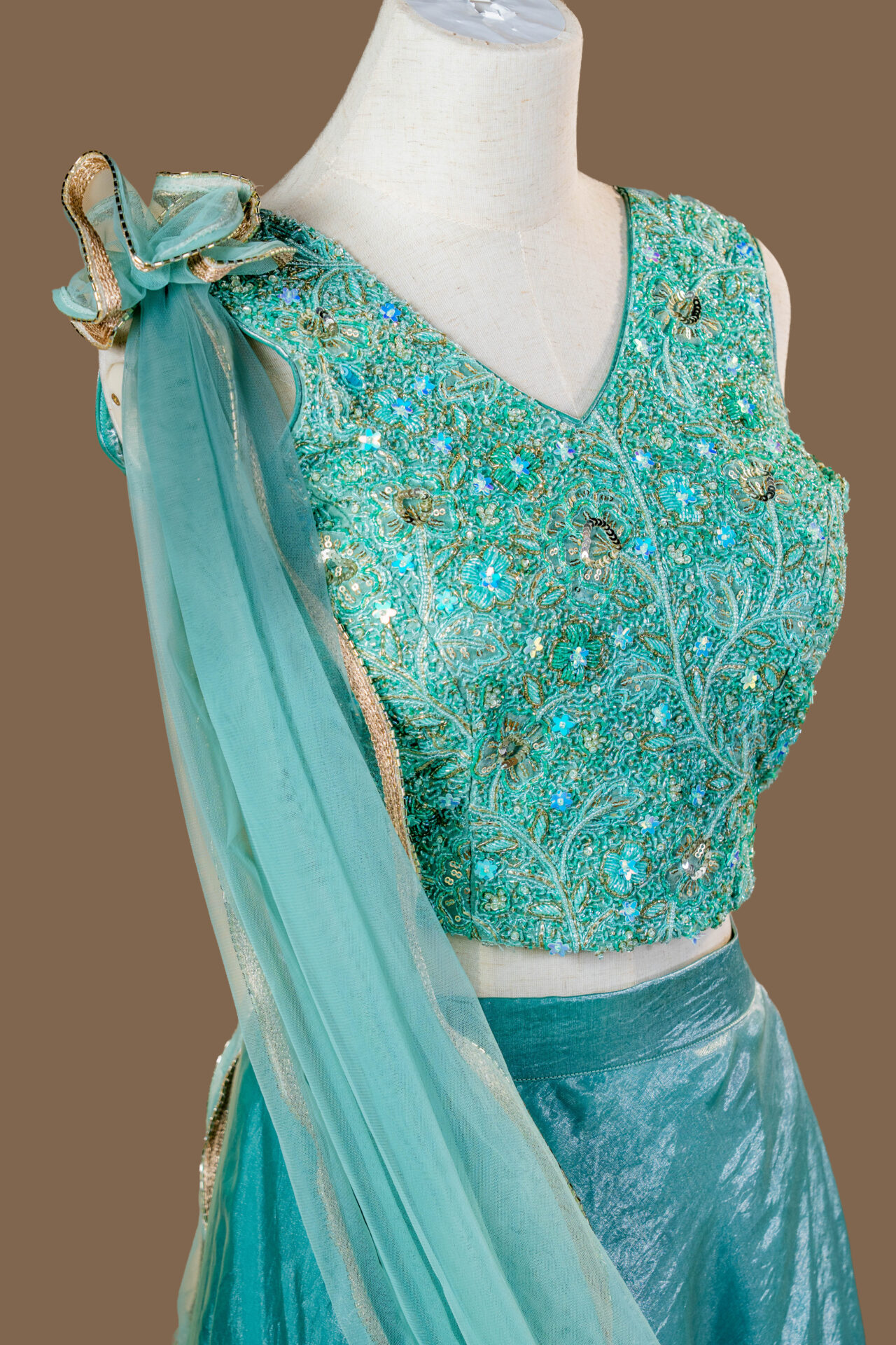 Aqua Blue Embroidered Crop Top and Skirt Set - Image 2