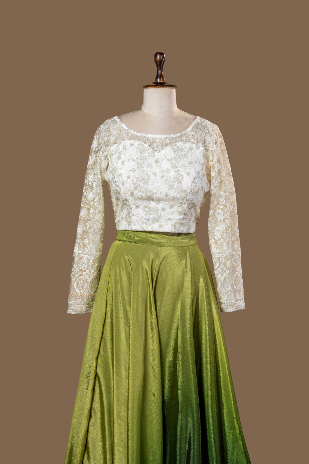🌿 Ombre Green Skirt and Ivory Embroidered Crop Top Set - Image 3