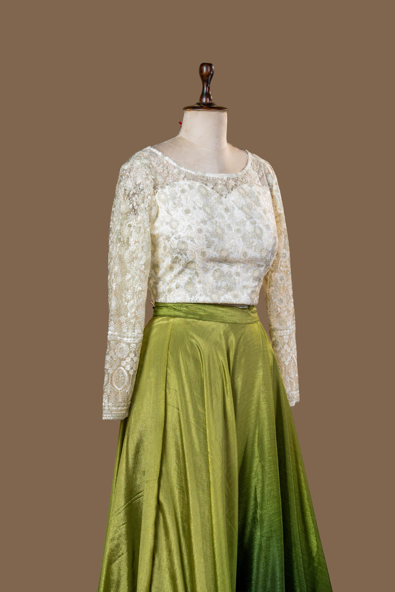 🌿 Ombre Green Skirt and Ivory Embroidered Crop Top Set - Image 2