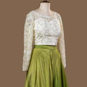 🌿 Ombre Green Skirt and Ivory Embroidered Crop Top Set