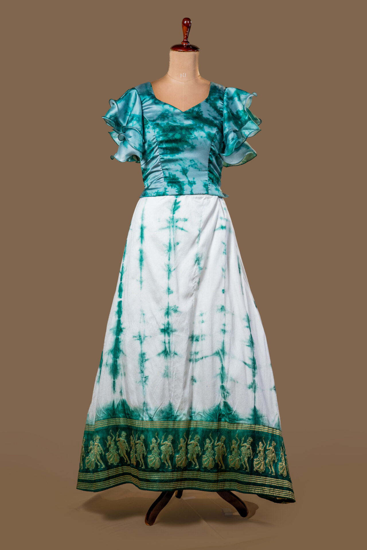 Tie-Dye Teal and White Skirt Set with Temple Border - Image 4