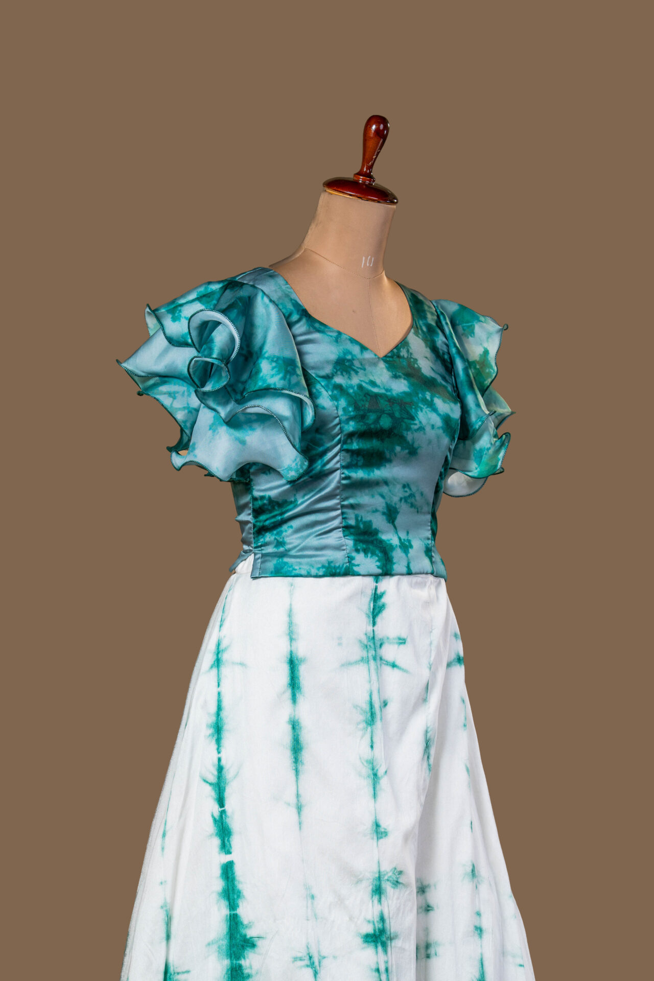 Tie-Dye Teal and White Skirt Set with Temple Border - Image 2