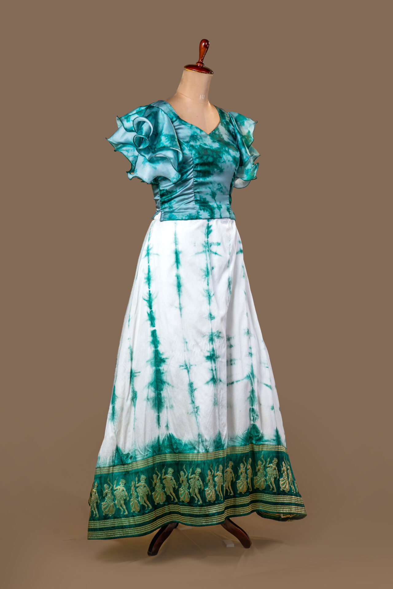Tie-Dye Teal and White Skirt Set with Temple Border