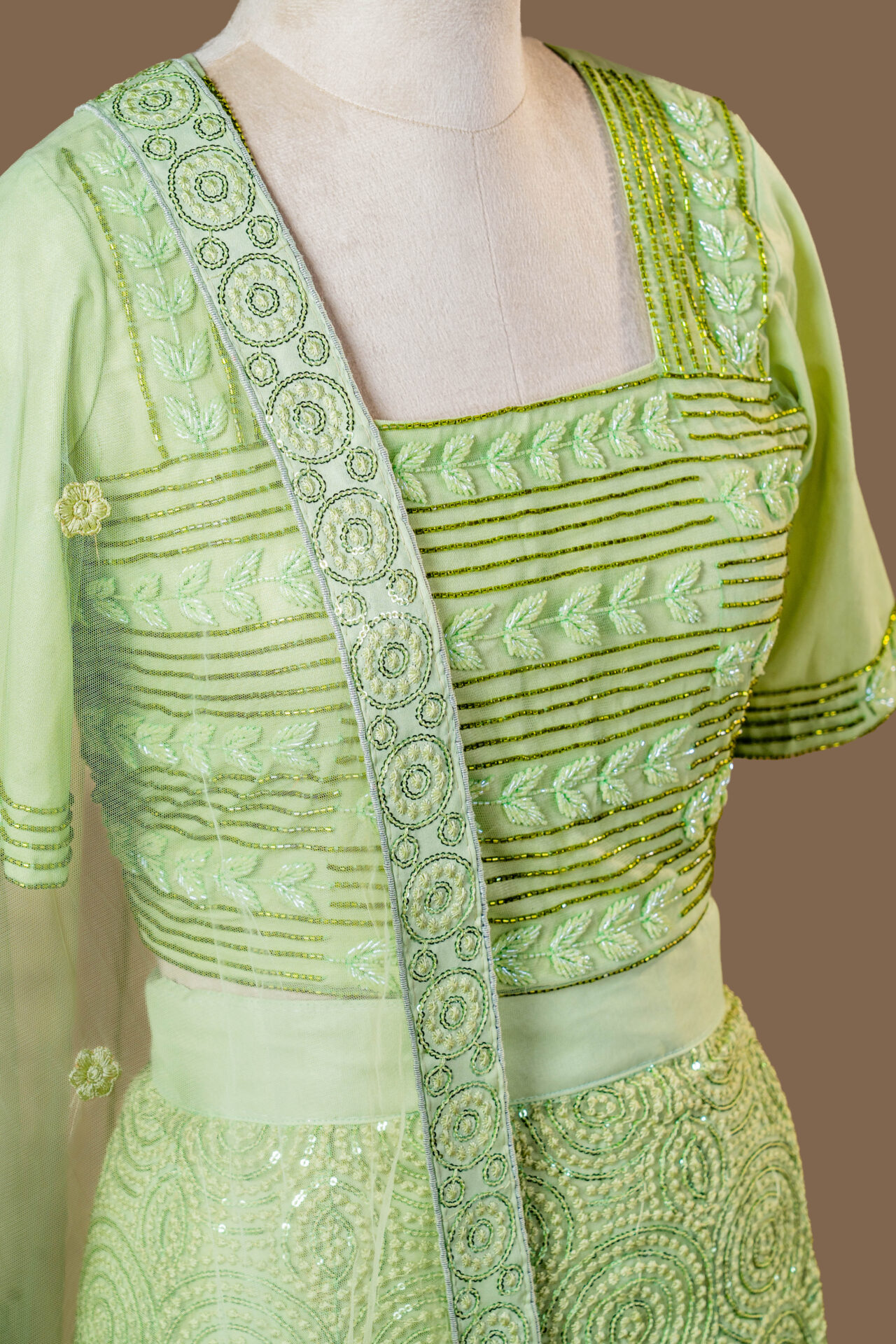 Pastel Green Thread and Sequin Lehenga Set - Image 3