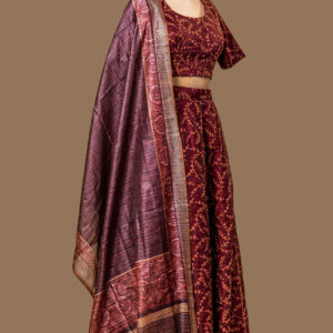 Maroon Embroidered Crop Top and Skirt Set