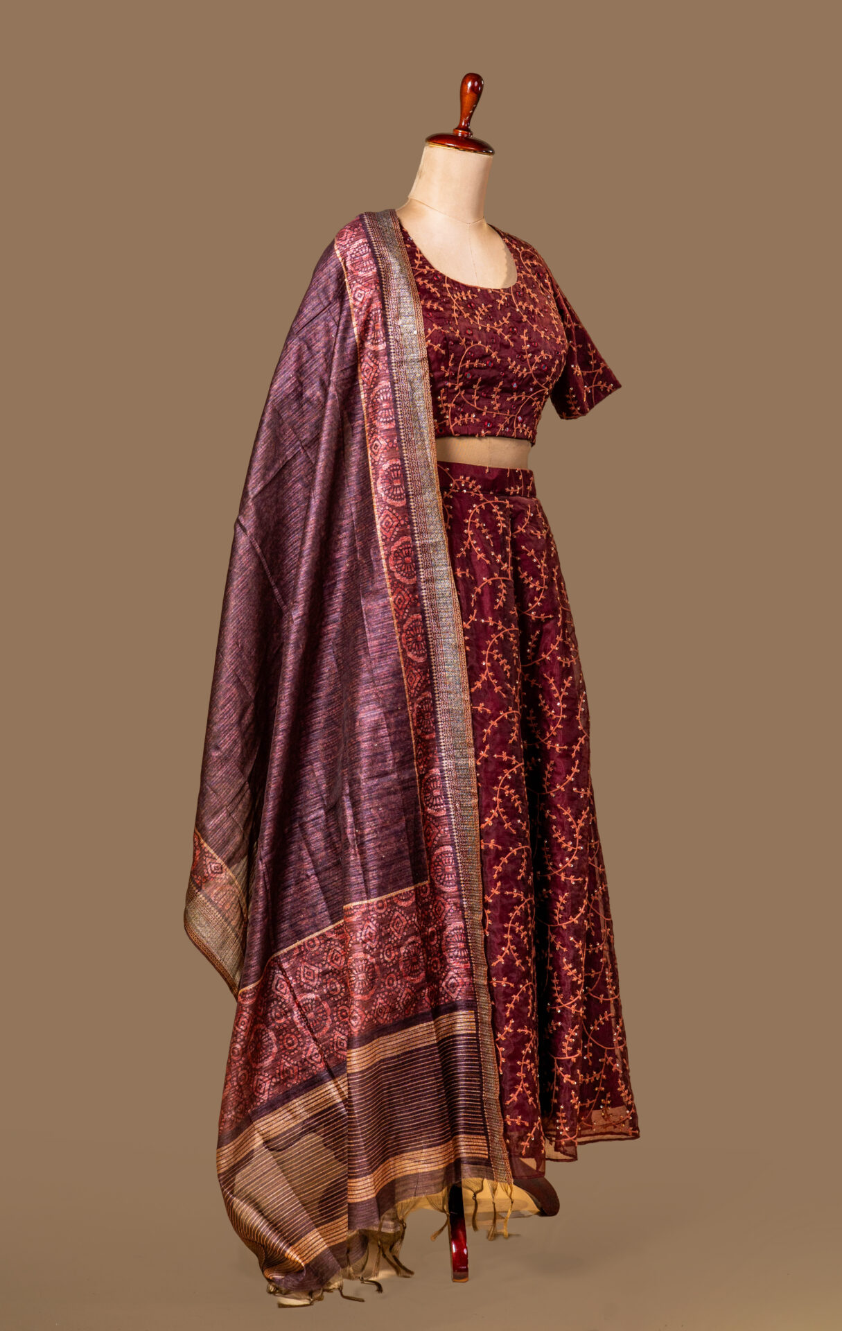 Maroon Embroidered Crop Top and Skirt Set