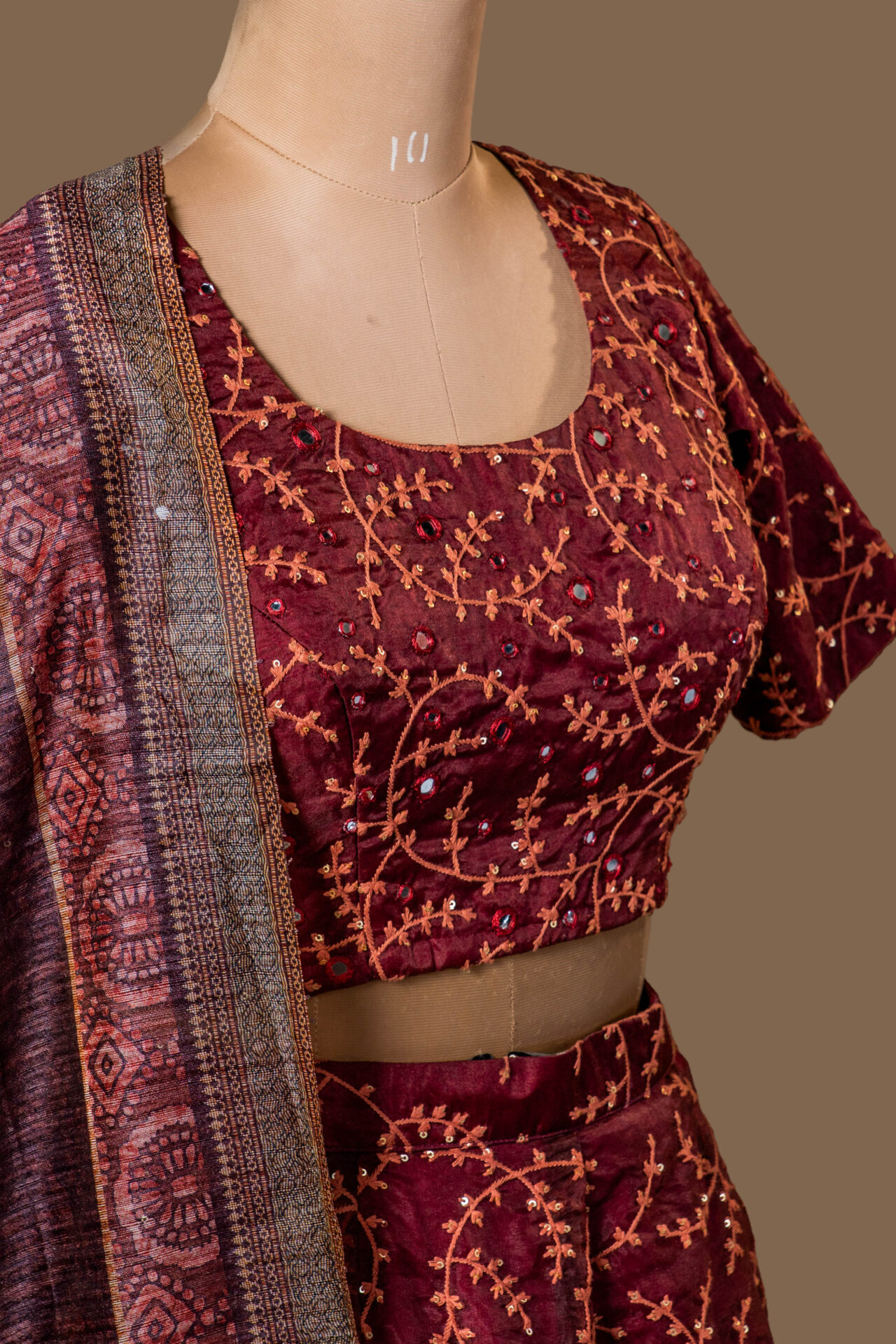 Maroon Embroidered Crop Top and Skirt Set - Image 2