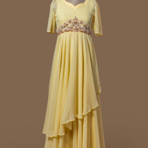 Pastel Yellow Gown with Intricate Waist Embroidery