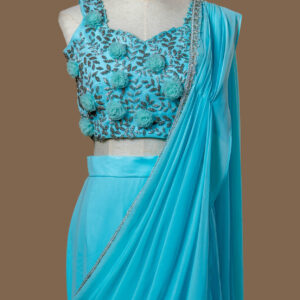 Turquoise Ruffle Skirt and 3D Floral Saree Gown